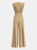 Deep V Neck Pleated Wide Leg Jumpsuit