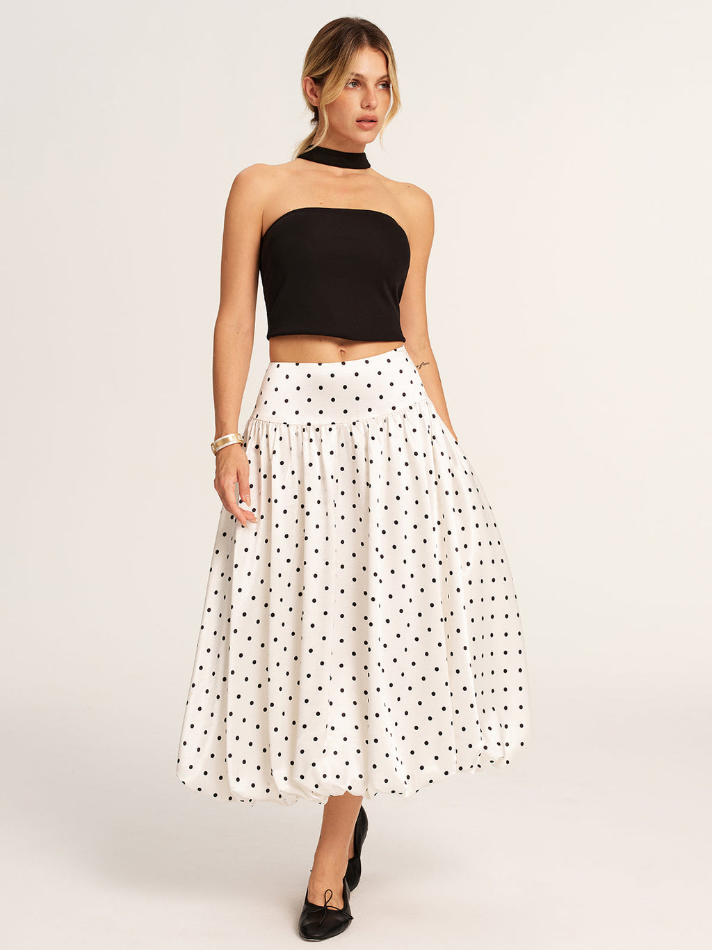 Polka Dot Bubble Hem Midi Skirt