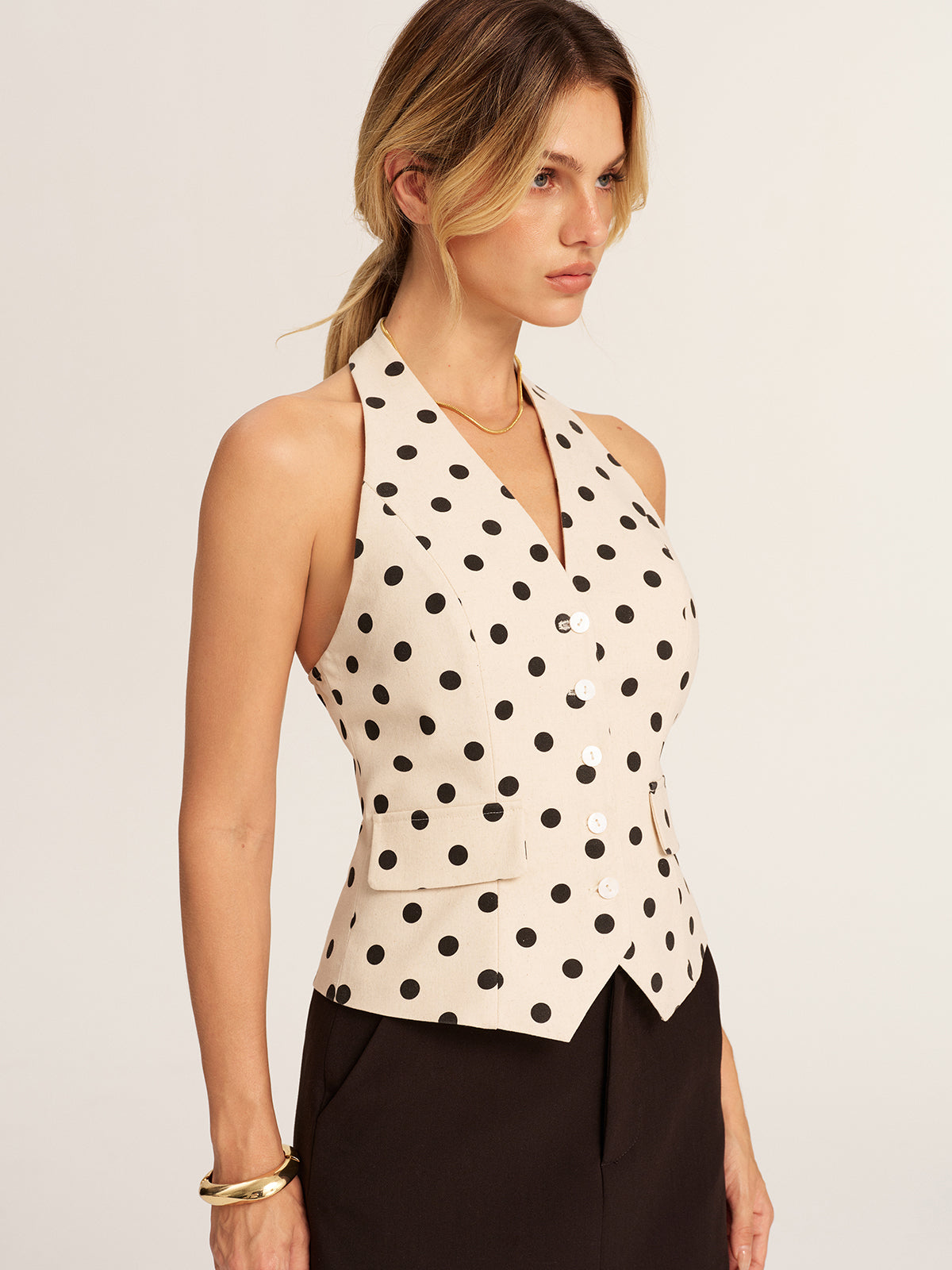 Polka Dot Linen Blend Halter Vest
