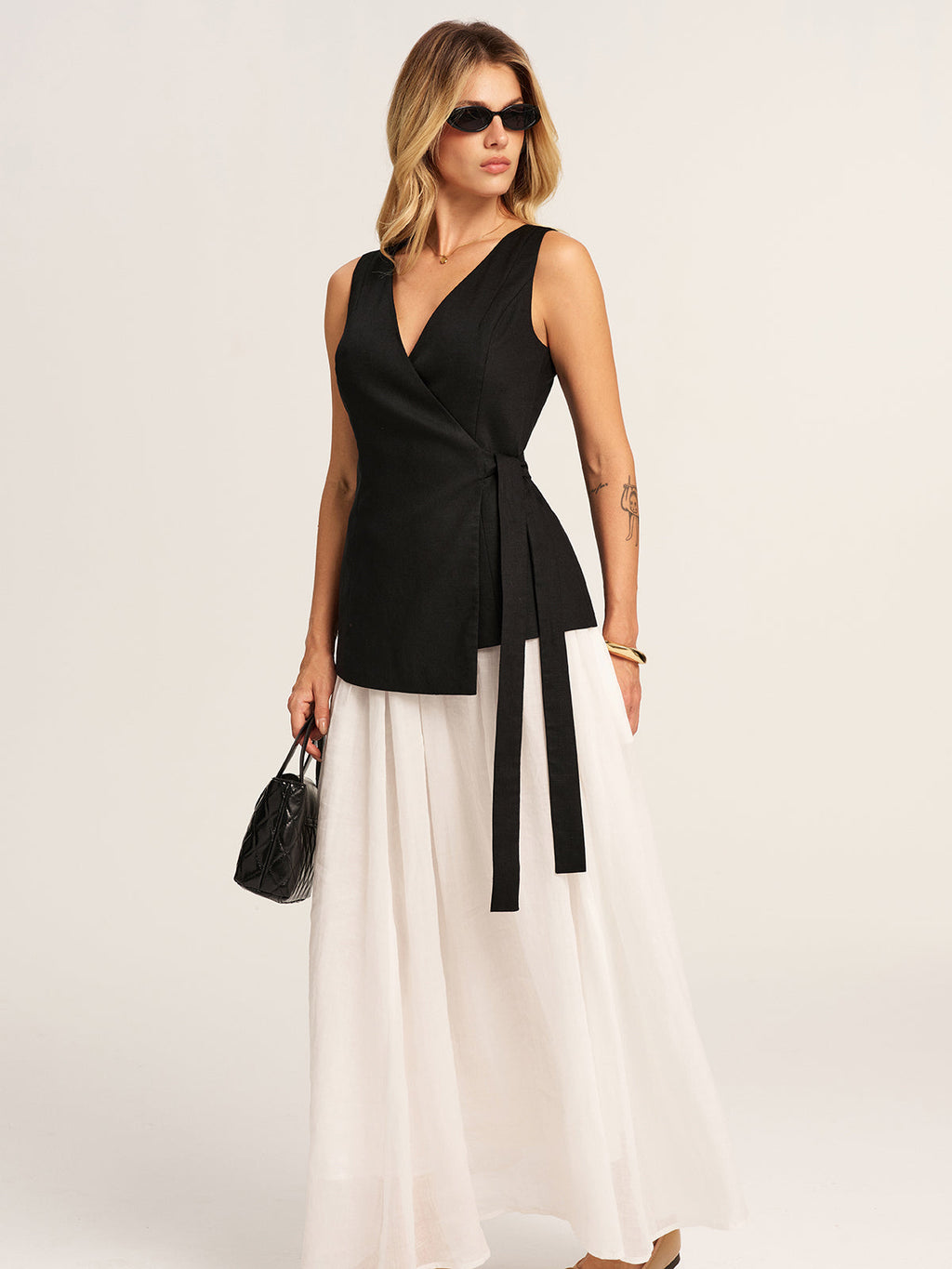 Linen Blend V-Neck Wrap Tie Vest