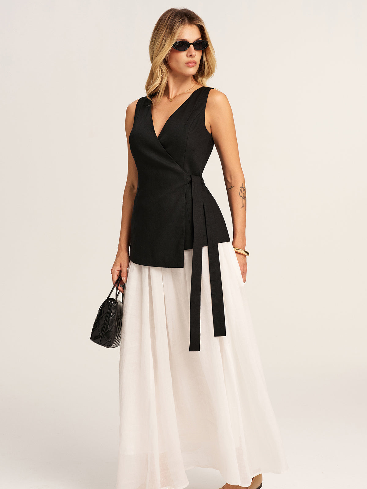 Linen Blend V-Neck Wrap Tie Vest