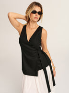 Linen Blend V-Neck Wrap Tie Vest