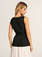 Linen Blend V-Neck Wrap Tie Vest