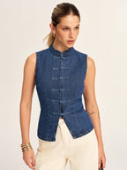 Mandarin Collar Frog Button Denim Vest