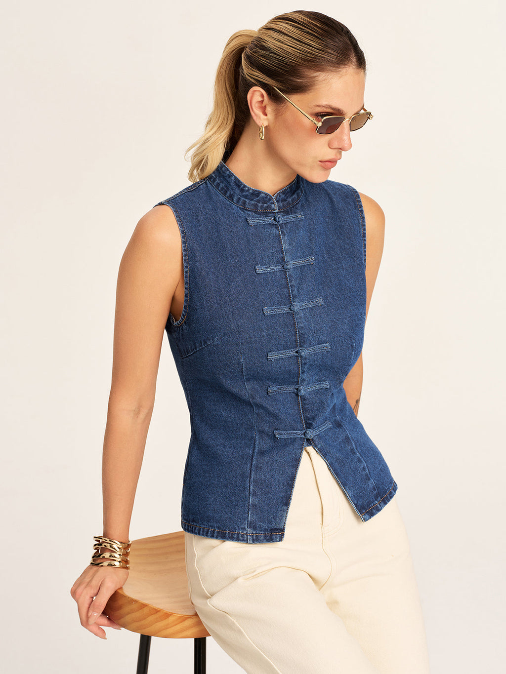 Mandarin Collar Frog Button Denim Vest