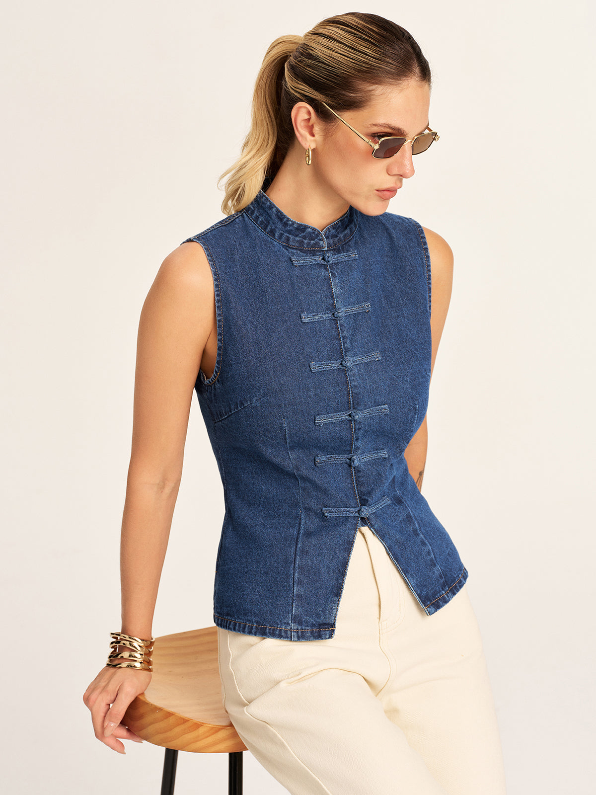 Mandarin Collar Frog Button Denim Vest