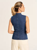 Mandarin Collar Frog Button Denim Vest