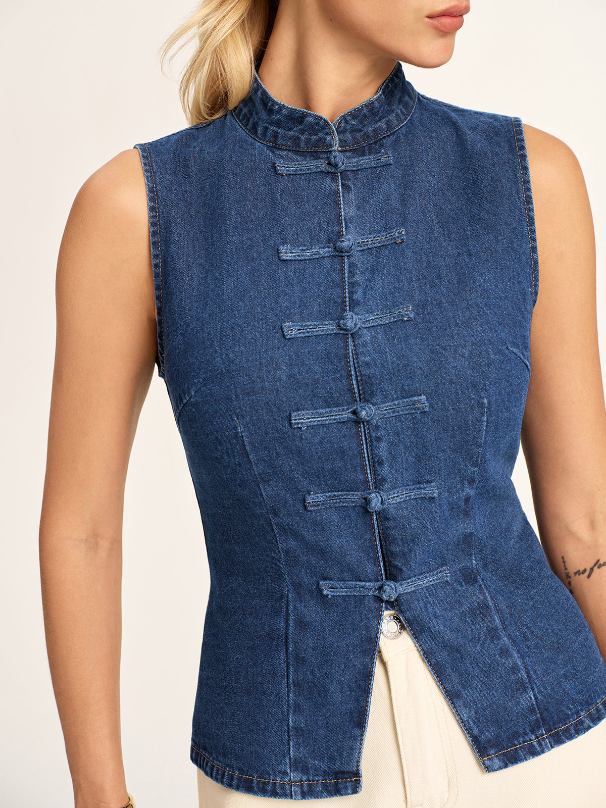 Mandarin Collar Frog Button Denim Vest