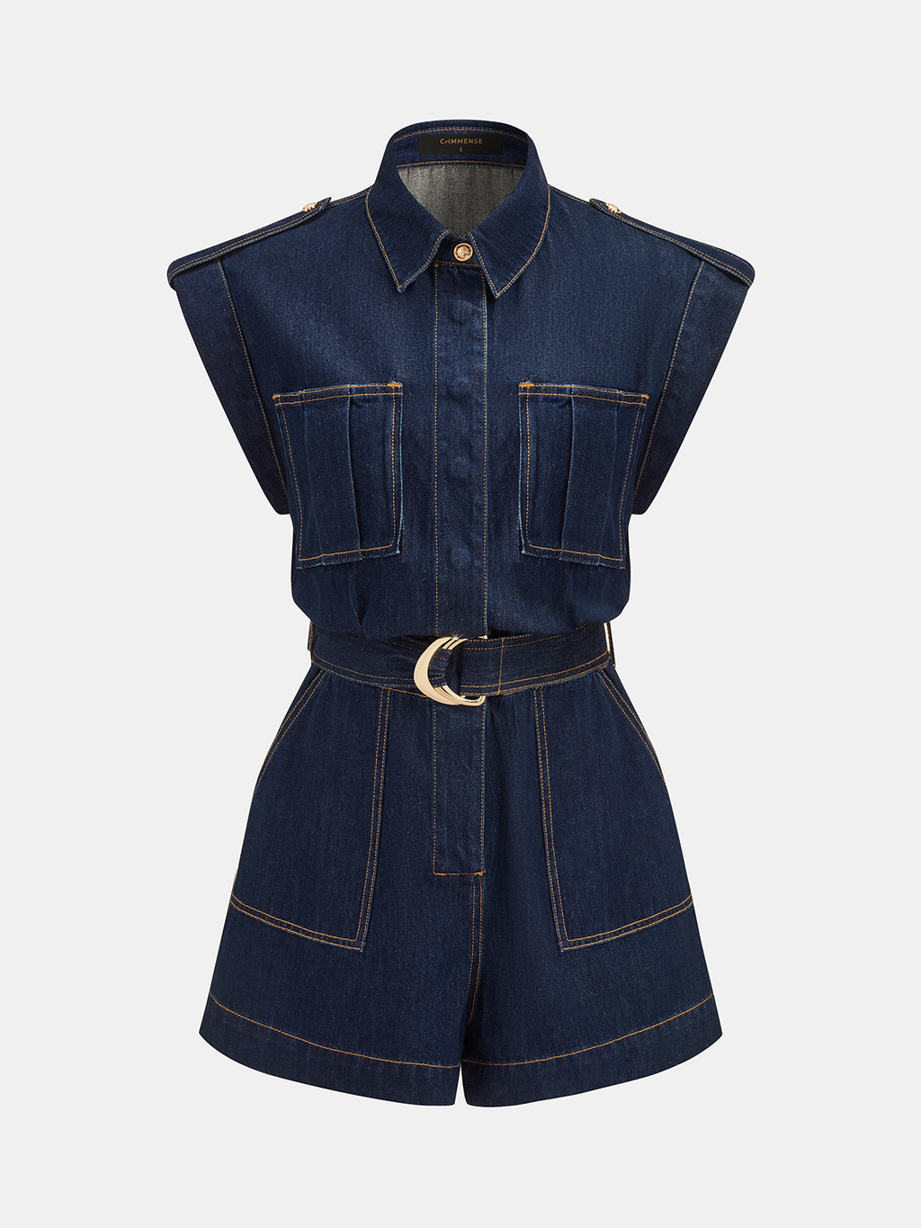 Belted Epaulet Denim Sleeveless Romper