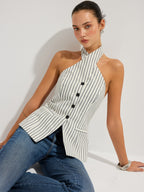 Striped Cotton Buttoned Halter Vest