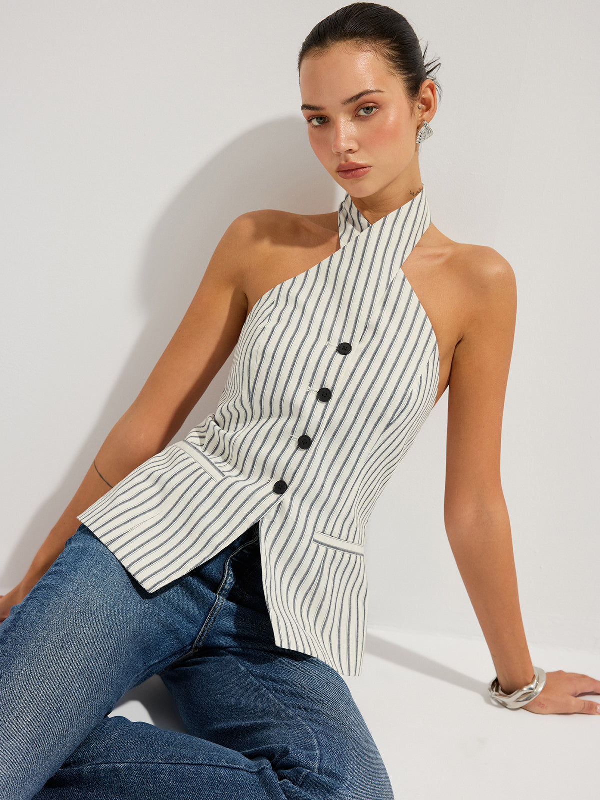 Striped Cotton Buttoned Halter Vest