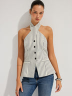 Striped Cotton Buttoned Halter Vest