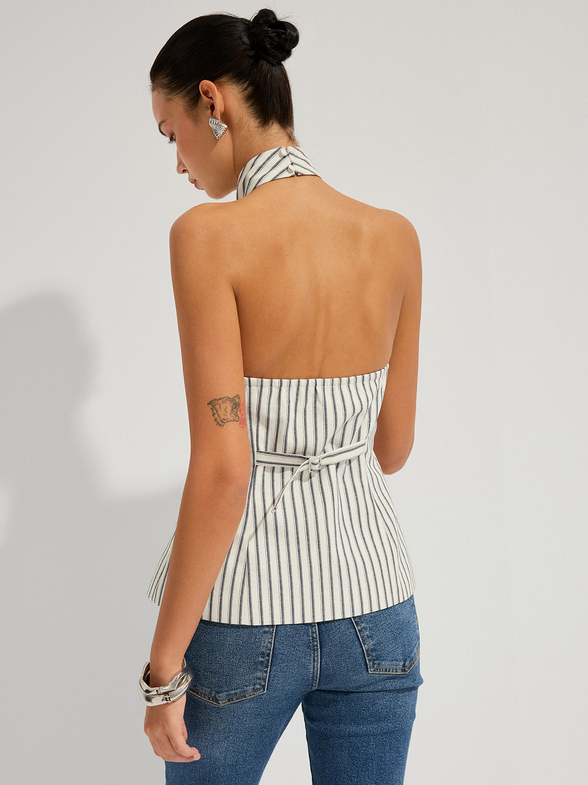 Striped Cotton Buttoned Halter Vest