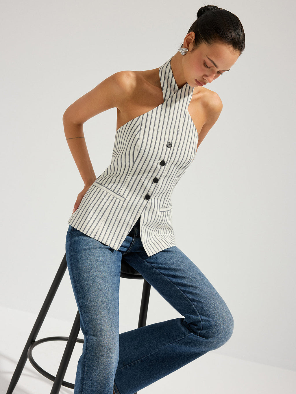 Striped Cotton Buttoned Halter Vest