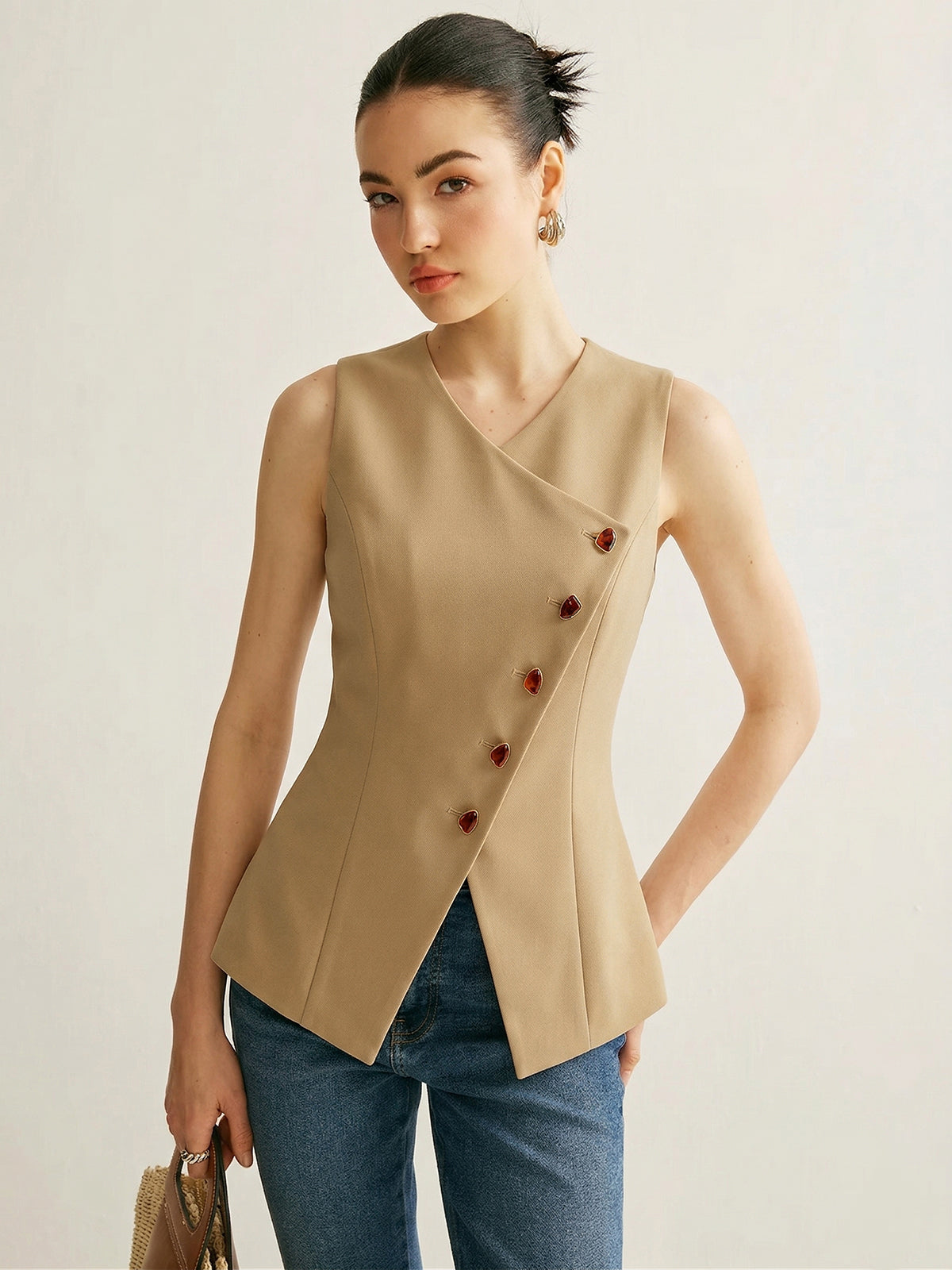 Slim Fit Amber Button Asymmetrical Vest