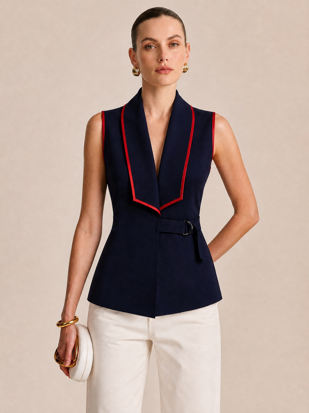 Buckle Detail Contrast Trim Knit Vest