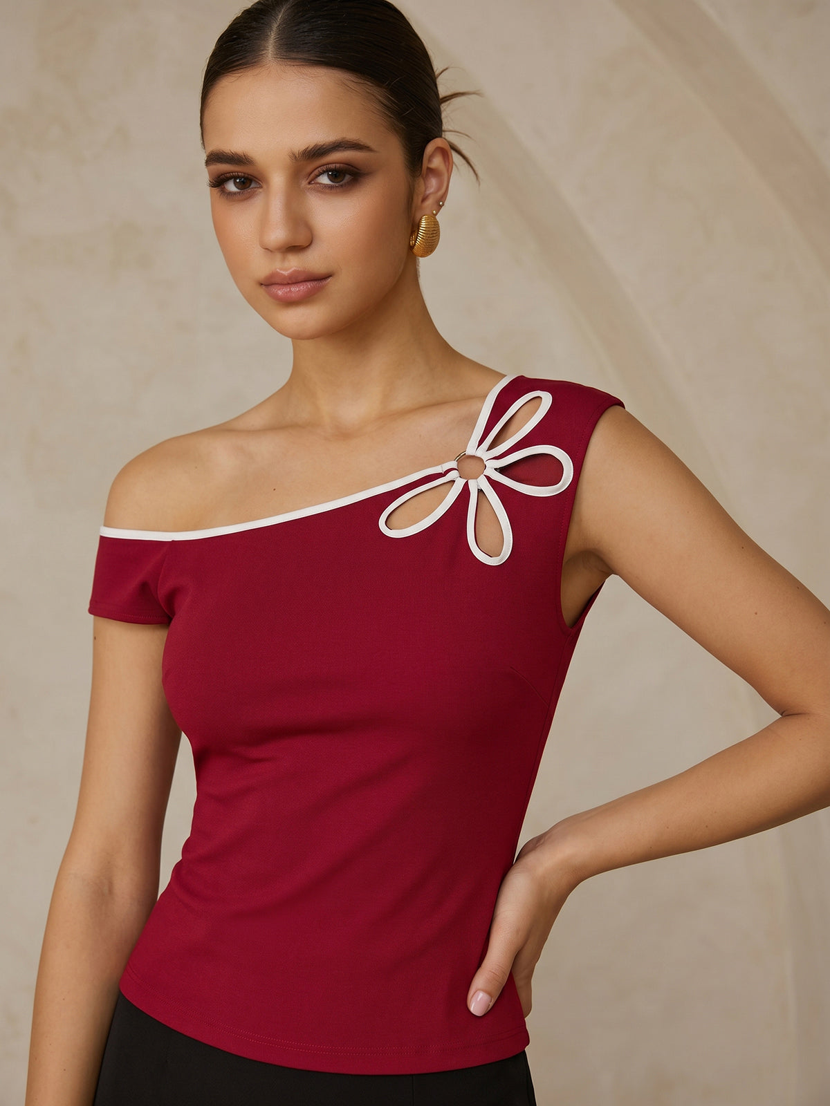 Flower Cutout One-Shoulder Top