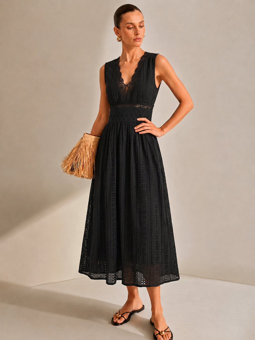 Lace Trim V-Neck Eyelet Maxi Dress