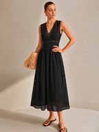 Lace Trim V-Neck Eyelet Maxi Dress