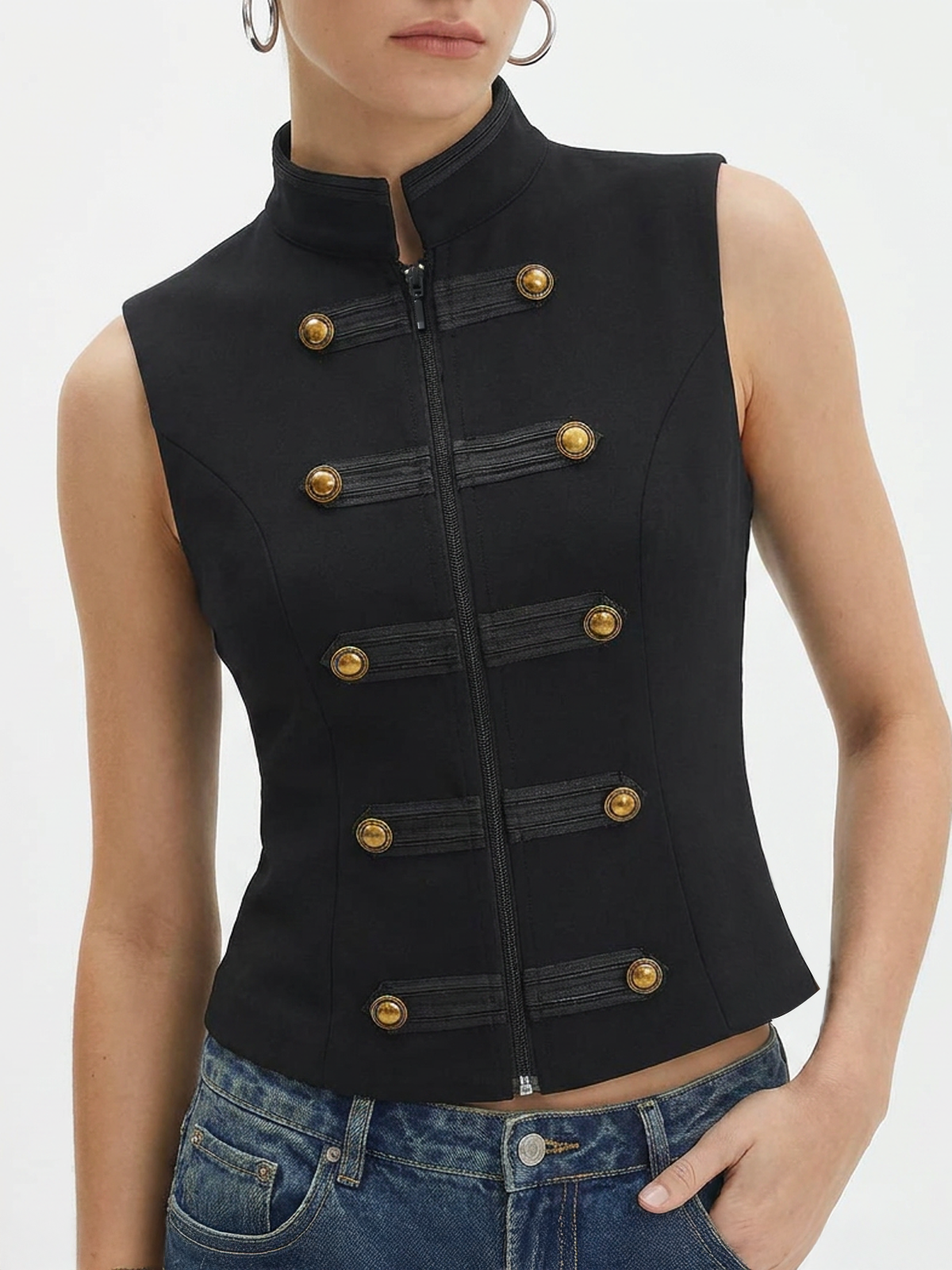 Napoleon Metal Detail Mandarin Collar Zipper Vest
