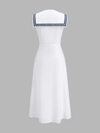 Sleeveless Sailor Collar Cotton Linen Midi Dress