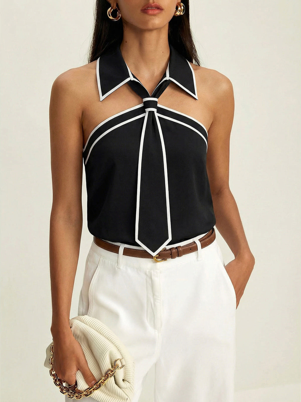 Tie Detail Contrast Piping Sleeveless Blouse