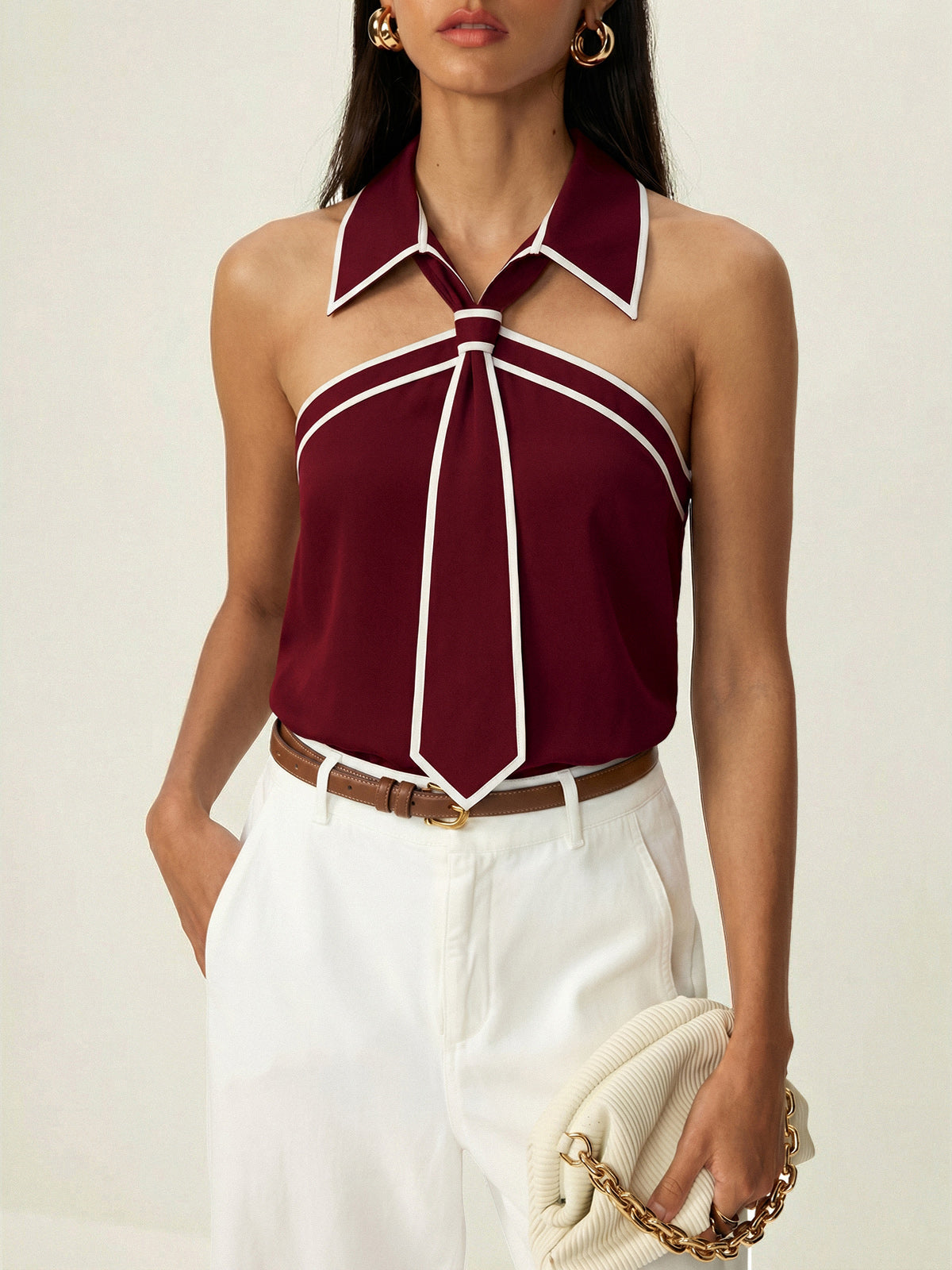 Tie Detail Contrast Piping Sleeveless Blouse