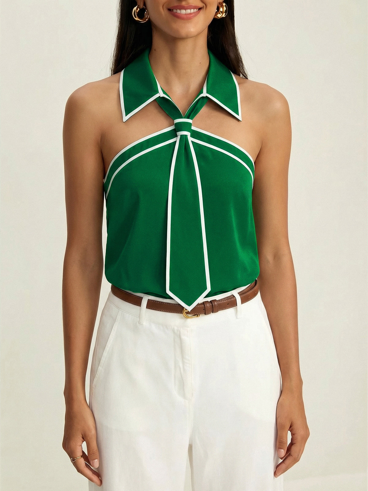 Tie Detail Contrast Piping Sleeveless Blouse