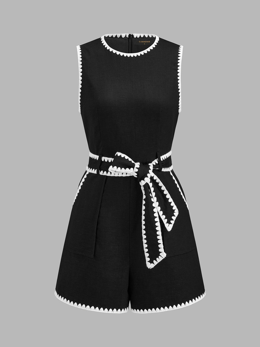 Linen Blend Scallop Trim Belted Romper