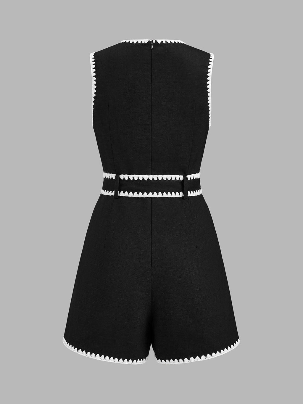 Linen Blend Scallop Trim Belted Romper