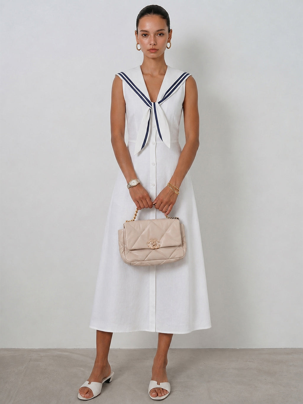 Sleeveless Sailor Collar Cotton Linen Midi Dress
