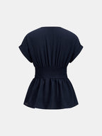 V Neck Short Sleeve Cinched Waist Peplum Blouse
