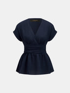 V Neck Short Sleeve Cinched Waist Peplum Blouse