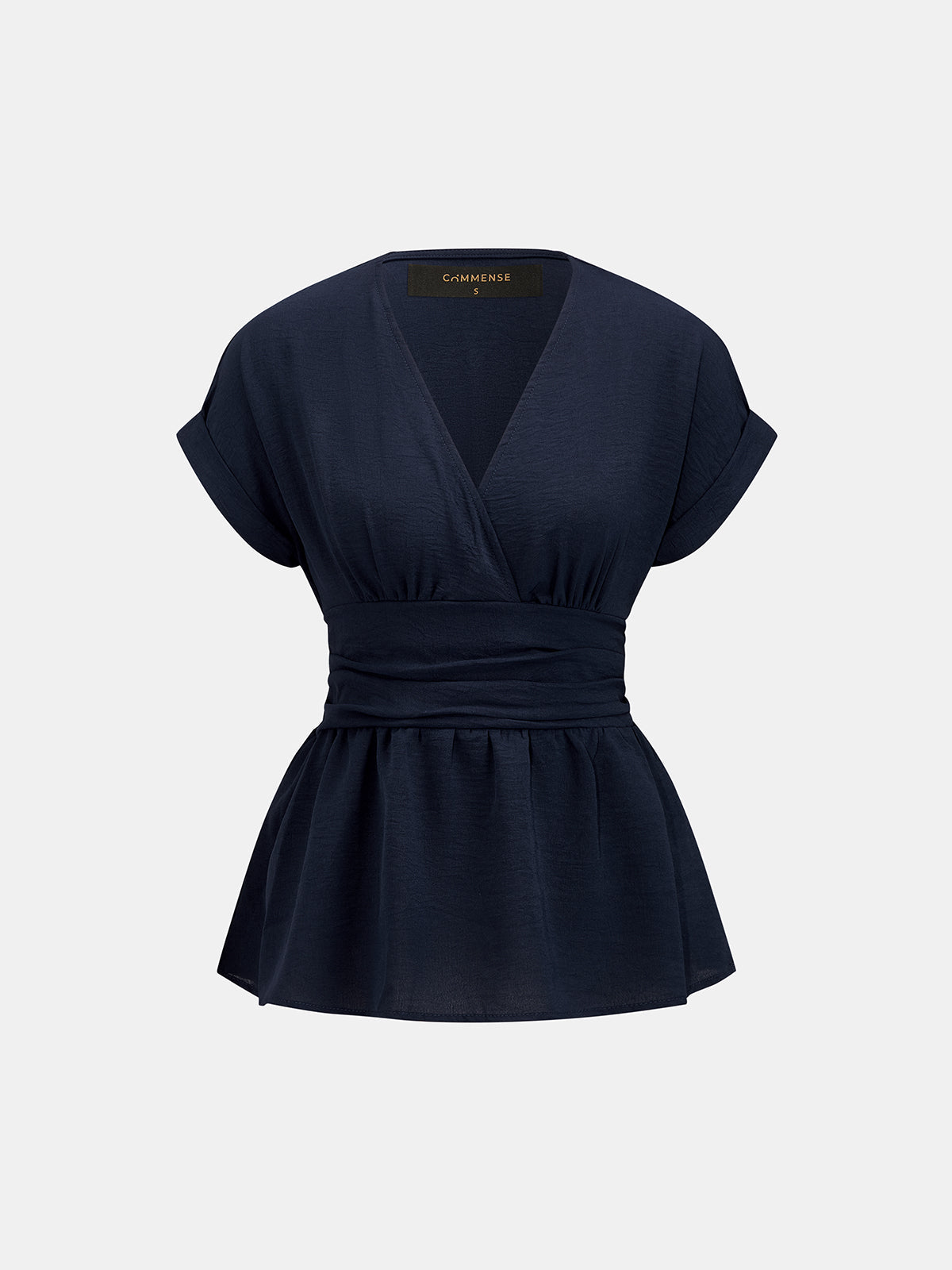 V Neck Short Sleeve Cinched Waist Peplum Blouse