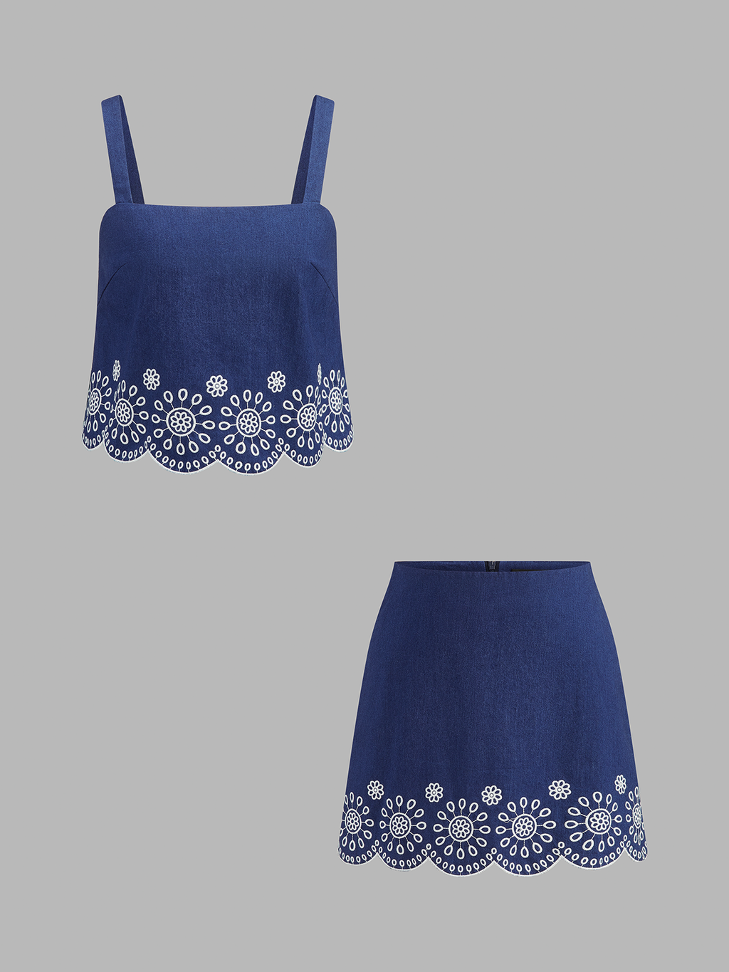 Embroidered Scalloped Two Piece Skirt Set