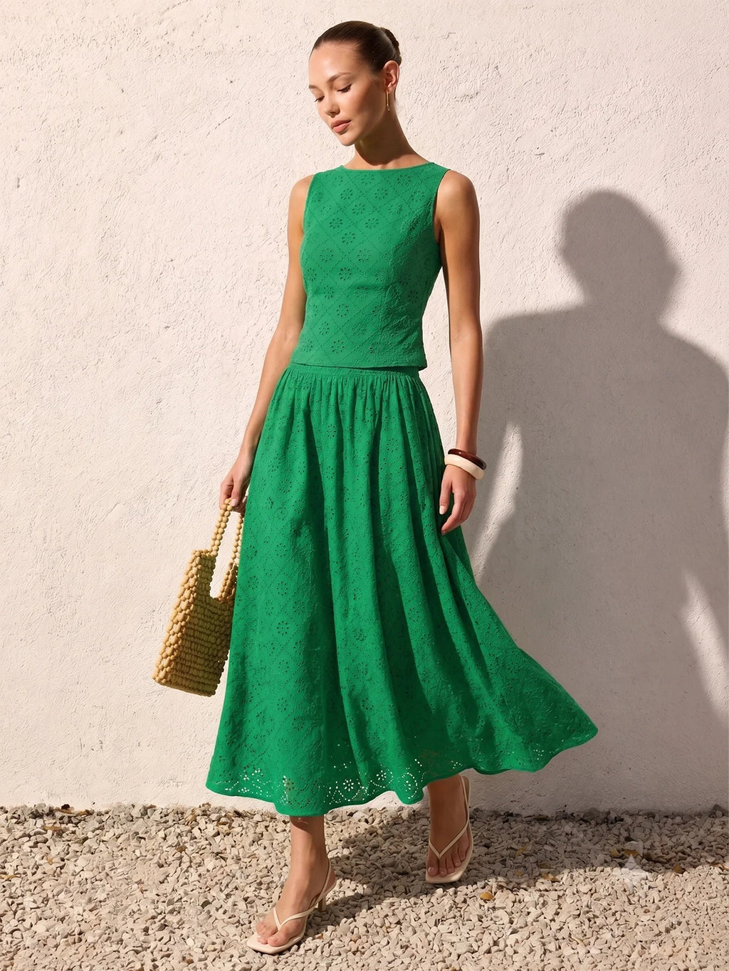 Eyelet Embroidered Top & Midi Skirt Set