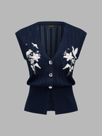 Embroidered Openwork Buttoned Knit Vest
