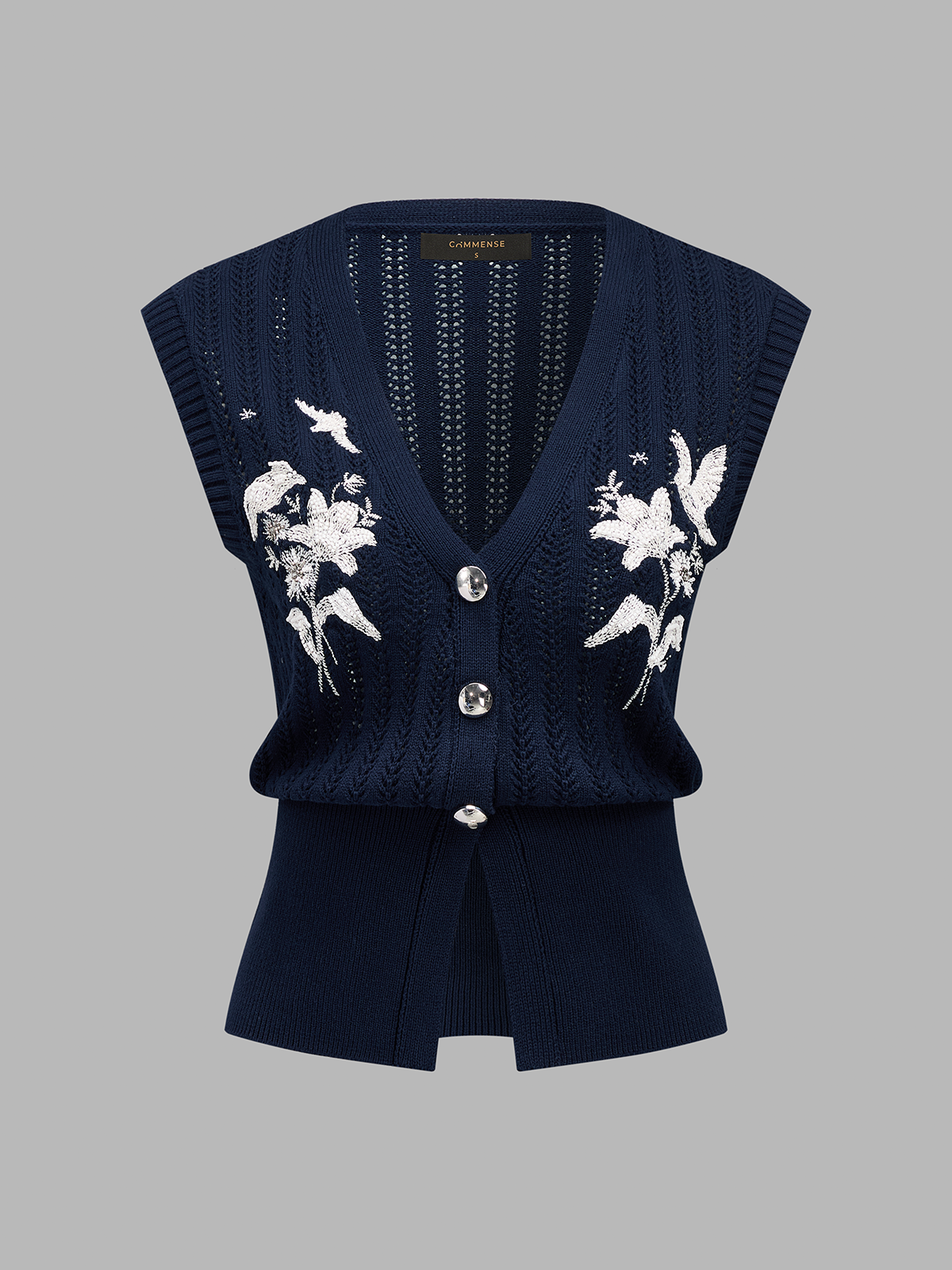 Embroidered Openwork Buttoned Knit Vest