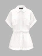 Cotton Linen Pocket Drawstring Shirt Romper