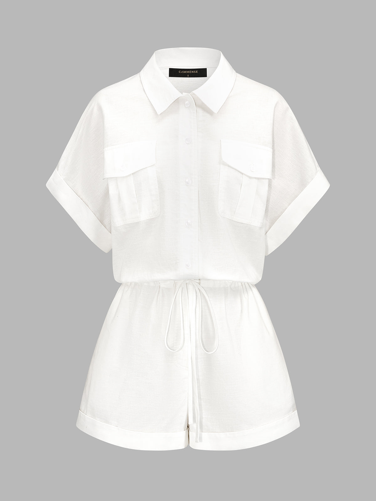 Cotton Linen Pocket Drawstring Shirt Romper