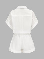 Cotton Linen Pocket Drawstring Shirt Romper