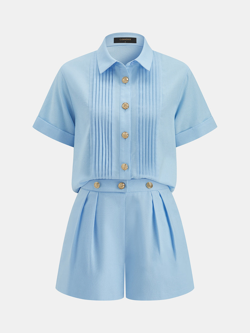 Metal Button Pleated Two Piece Shorts Set