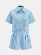 Metal Button Pleated Two Piece Shorts Set