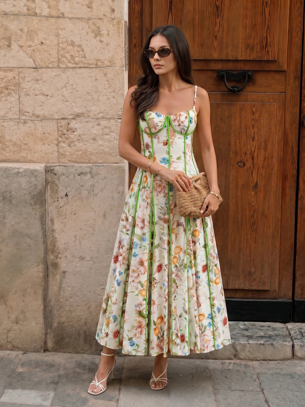 Corset Seam Tropical Print Swing Dress