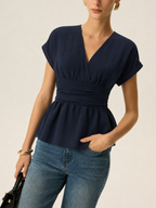 V Neck Short Sleeve Cinched Waist Peplum Blouse