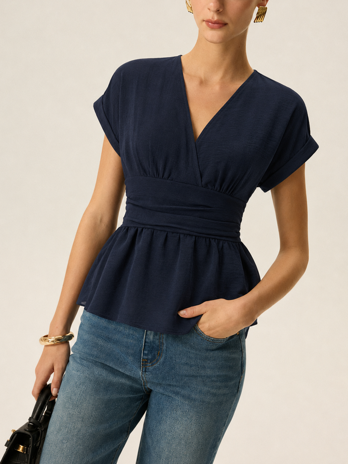 V Neck Short Sleeve Cinched Waist Peplum Blouse