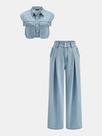 Sleeveless Crop Denim Top & Pleated Pants Set