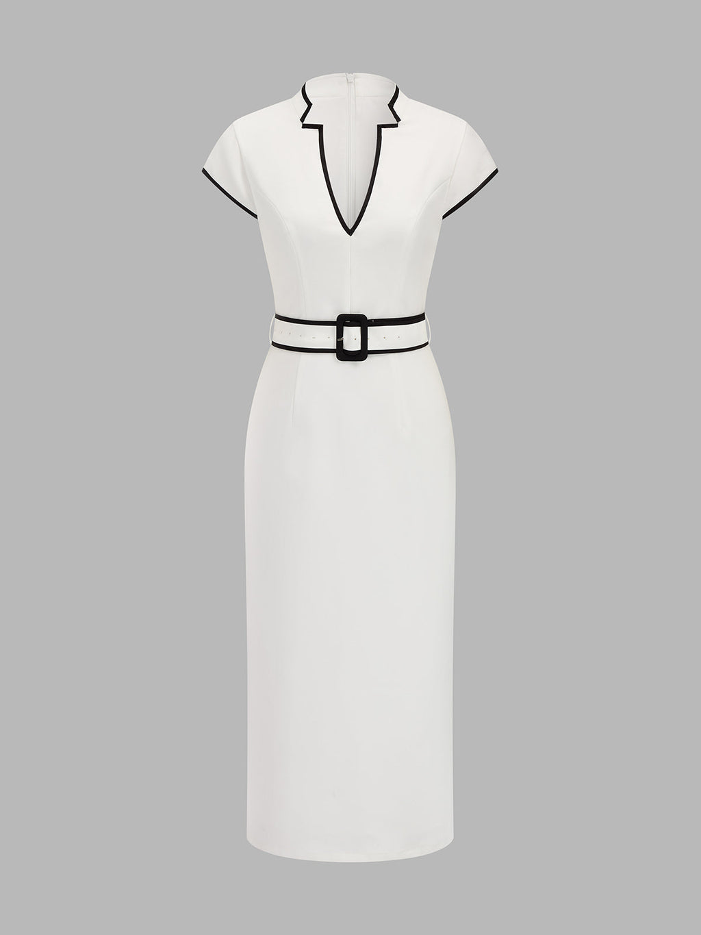 Contrast Trim Belted Pencil Midi Dress
