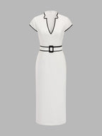 Contrast Trim Belted Pencil Midi Dress