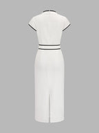 Contrast Trim Belted Pencil Midi Dress